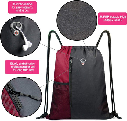 Drawstring Backpack Sports Gym Bag for Women Men Children Large Size with Zipper and Water Bottle Mesh Pockets