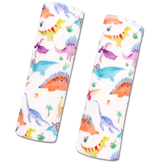 Baby Car Seat Belt Covers for Boys and Girls, Carseat Shoulder Padding, Soft Car Seat Neck Cover, Minky Car Seat Straps Shoulder Pads, Dinosaur Stroller Strap Cover for Baby Kids,White