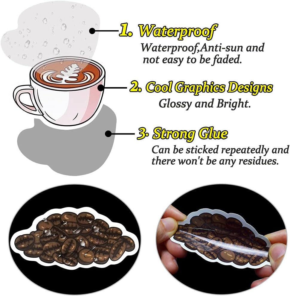 Coffee Stickers for Water Bottles Adults Coffee Stickers for Laptop Coffee Cup Stickers for Scrapbooking Coffee Vinyl Waterproof Stickers 50 Packs
