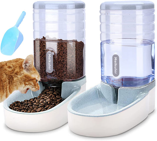 Automatic Dog Cat Feeder and Water Dispenser Set,Waterer and Gravity Food Feeder for Small & Medium Dogs Cats Puppies,Large Capacity 1 Gallon X 2 (Grey)